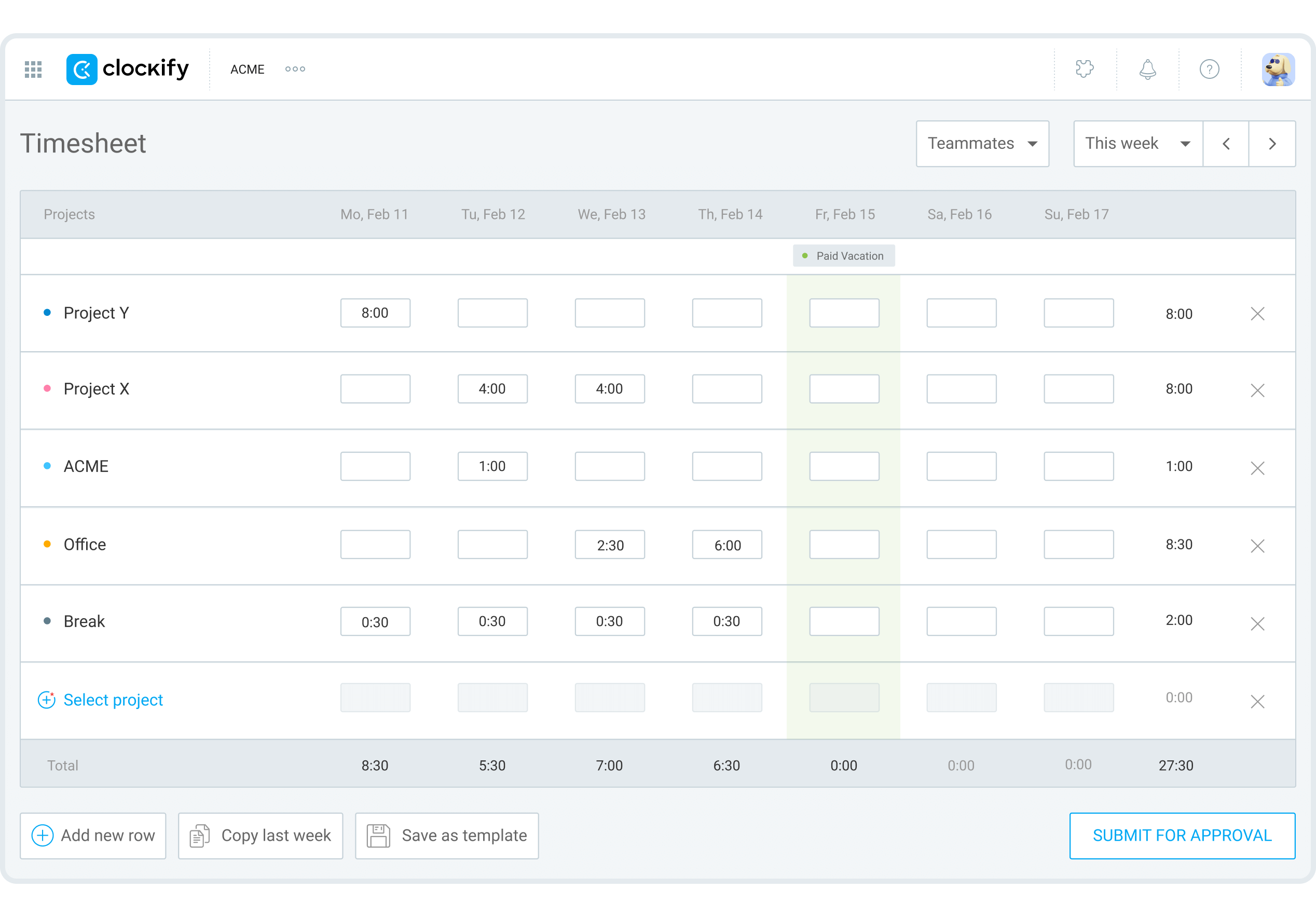 Clockify Timesheet Matrix and Real-Time Timer Interface